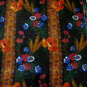 Cotton Black Floral Voile Fabric withe Red Poppies, Bachelor's Buttons, Wheat